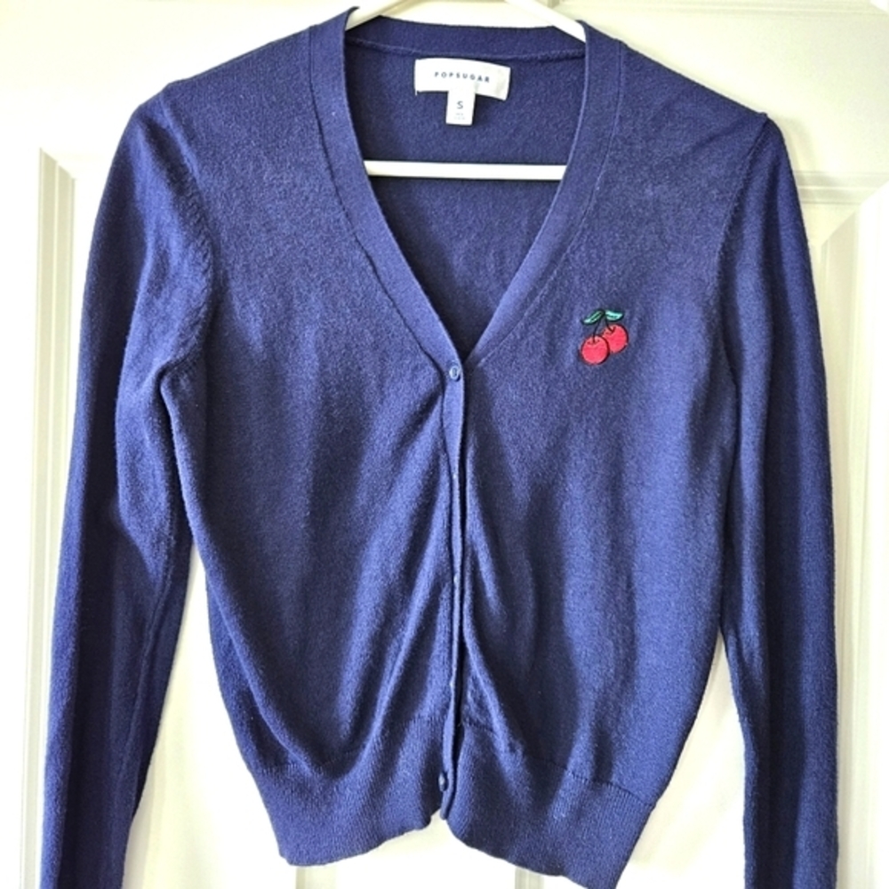 Popsugar Navy Blue Cardigan With Cherries Size Small